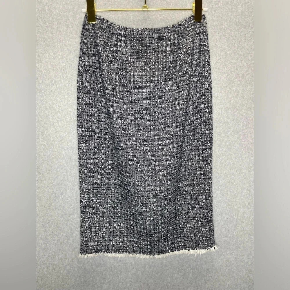 L.K. Bennett London Navy Blue/White Tweed Fringe Lined Midi Skirt